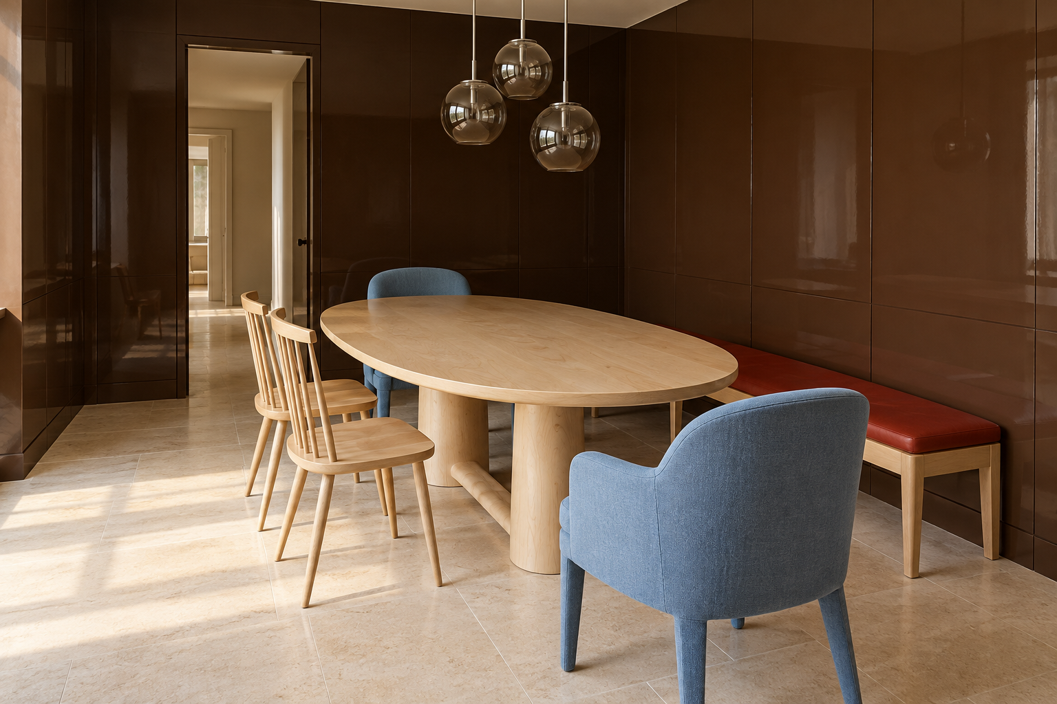 A maple bench with a red leather cushion along the wall, blue upholstered armchairs at both ends, and spindle chairs opposite.