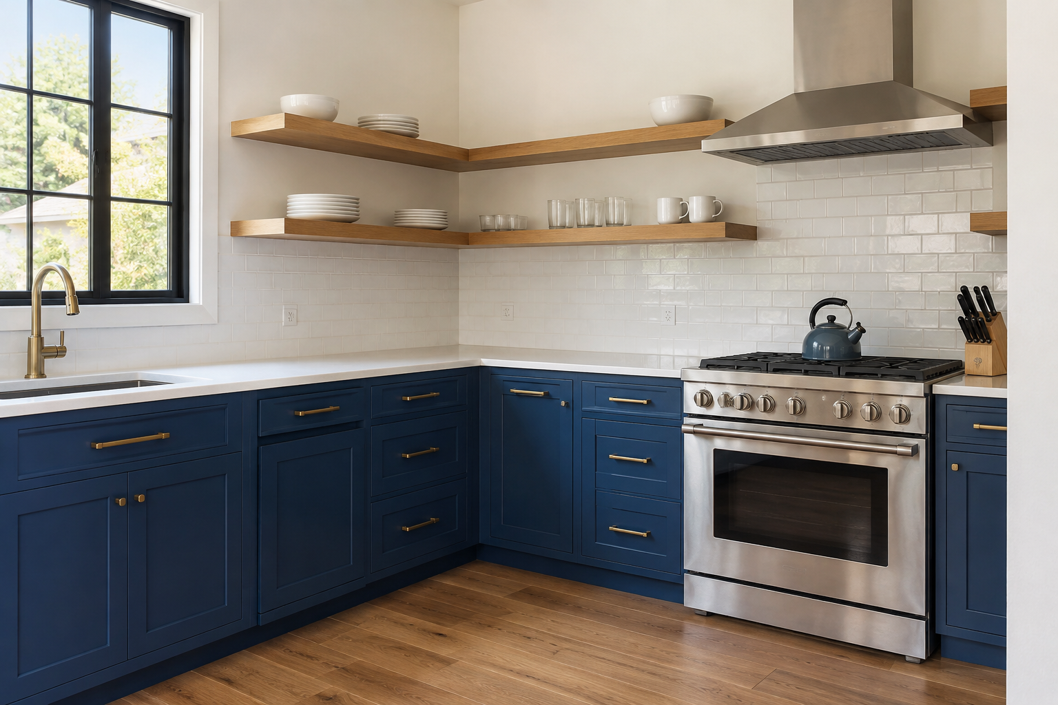 Cobalt-blue lower kitchen cabinetry paired with white oak open shelving and brass hardware.