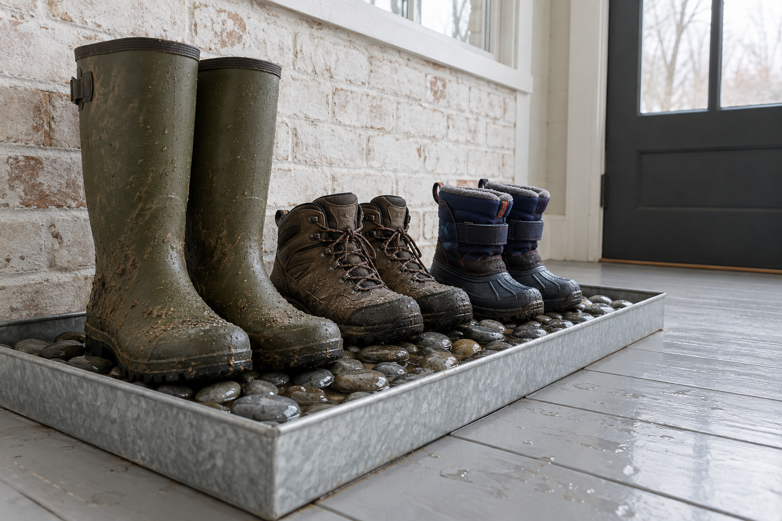 Wet boots standing on river stones in a galvanized boot tray with a raised rim.