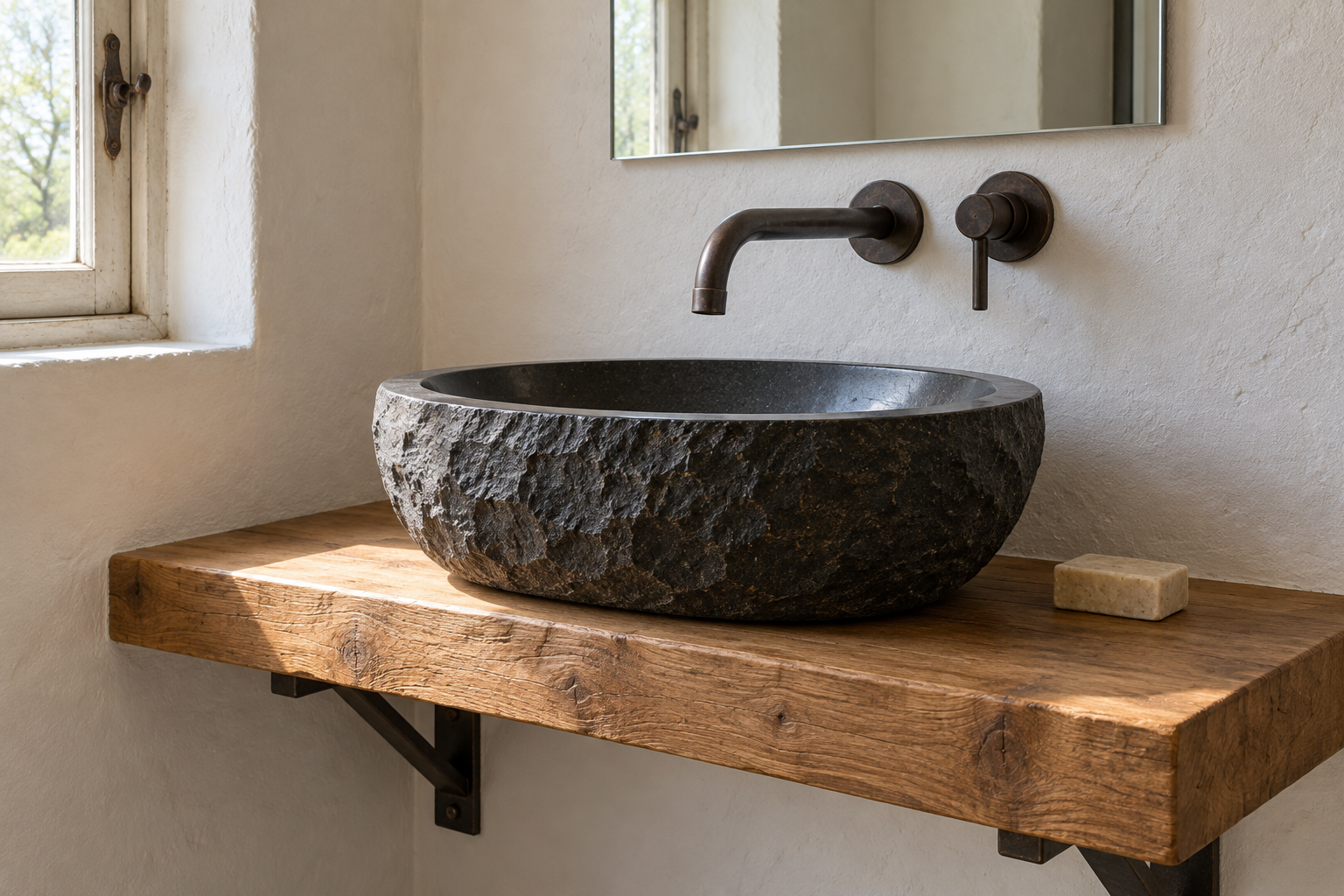 A carved black basalt basin on an oak shelf against white plaster, with a wall faucet reaching over it.