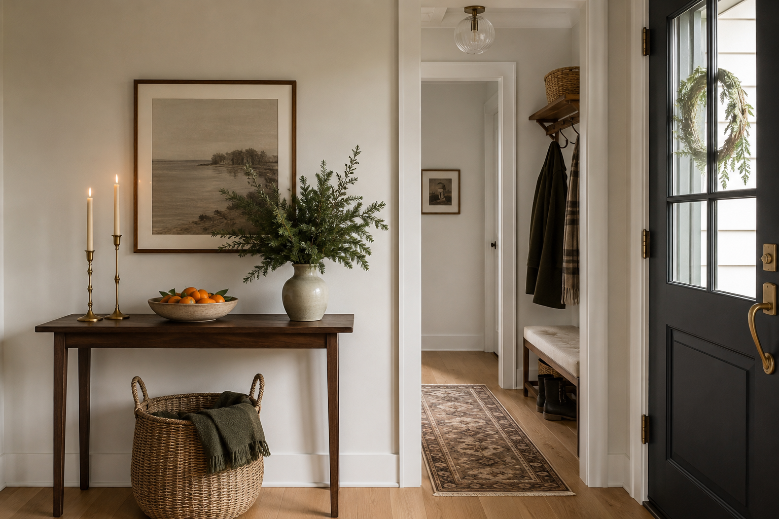 An entryway console styled with taper candlesticks and a dish of clementines for Christmas