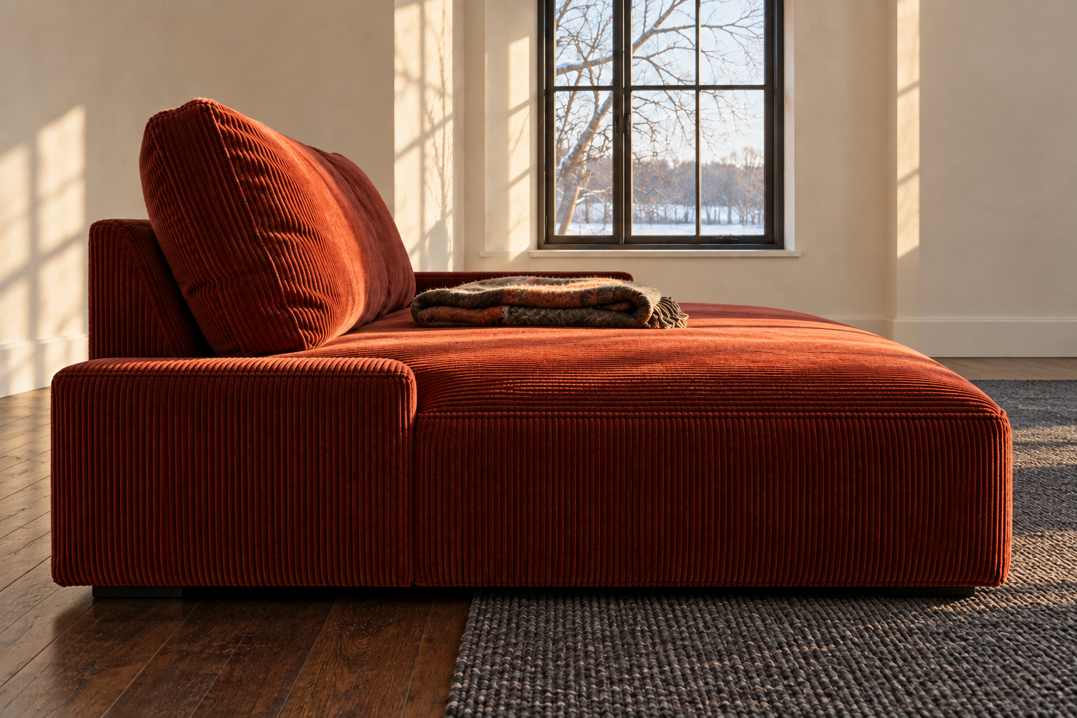 A deep rust corduroy sofa seen from the side, showing a long seat cushion.