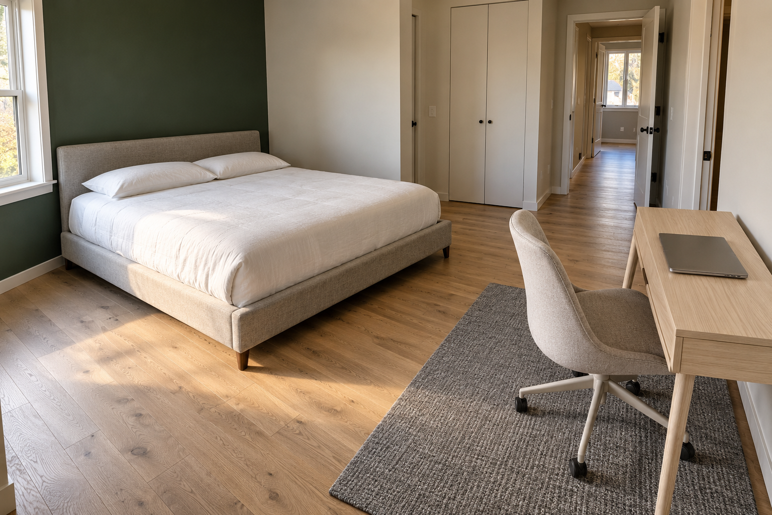 A home office desk positioned at the foot of a bed, with a clear path to the closet visible beyond it.