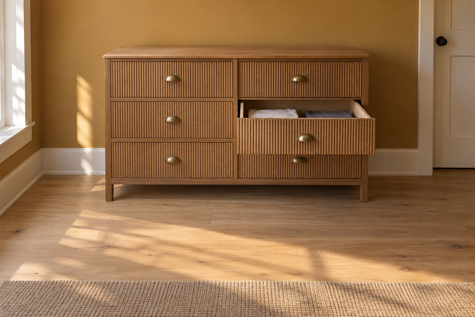 A fluted oak dresser with an open drawer and clear floor space in front of it against a warm ochre wall.