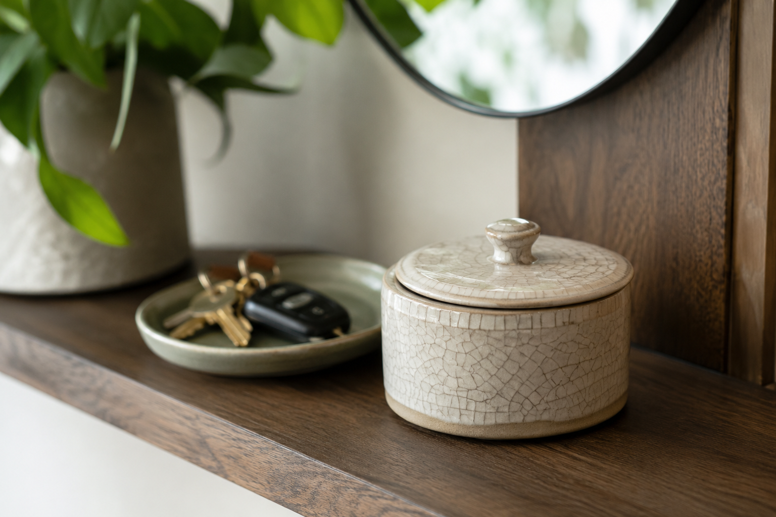 A closed lidded box on an entryway shelf for containing mail and keys