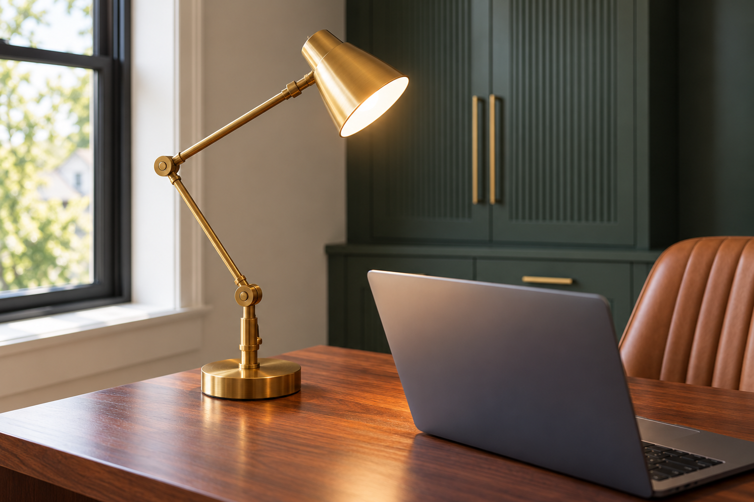 A brass desk lamp angled upward beside a laptop, aimed at face height instead of down at the keyboard.