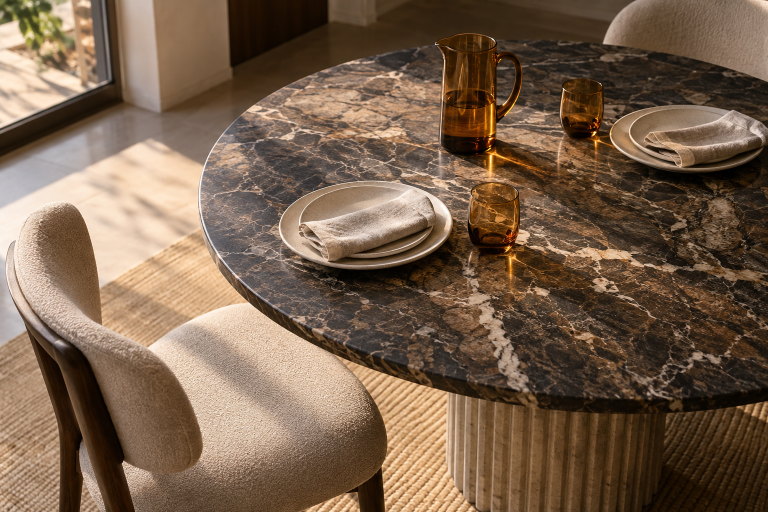 A dining table set with amber glassware, stoneware plates, and linen napkins on a richly veined stone tabletop.