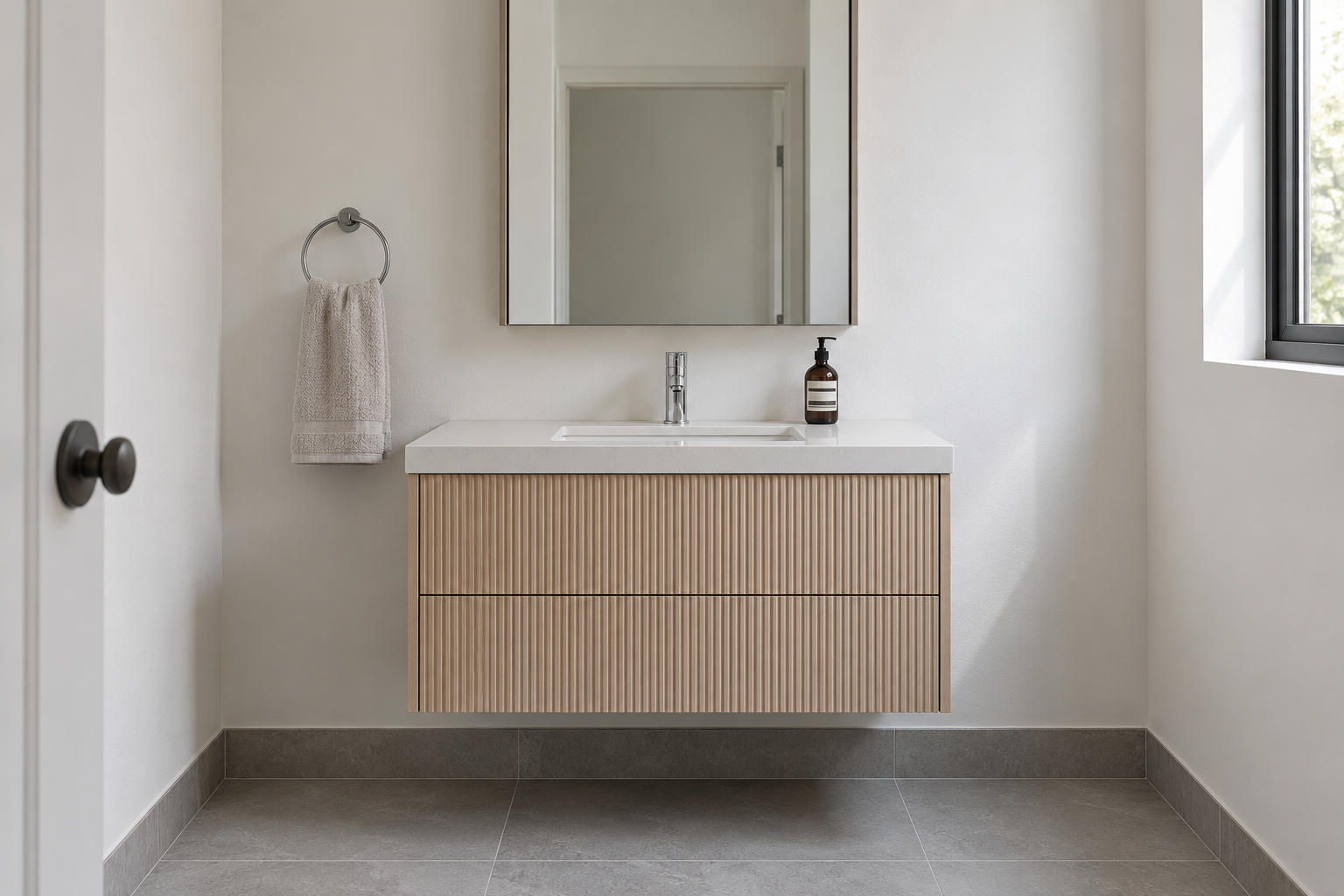 A wall-hung vanity with fluted pale wood drawers, with open floor visible underneath it.