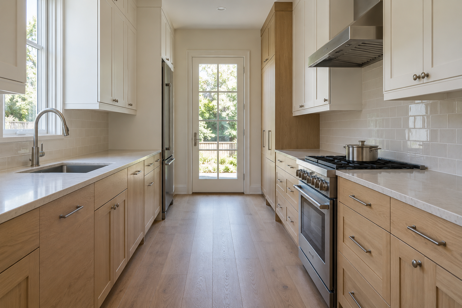 A genuine galley kitchen with two parallel counters narrow enough that an island was never a realistic option.