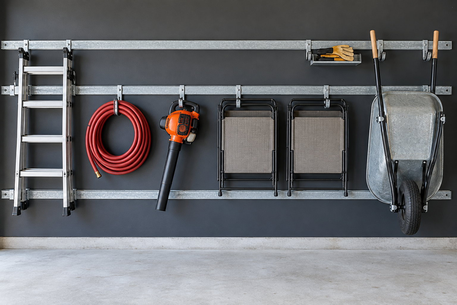 A charcoal garage wall with galvanized rails holding a ladder, hose, tools, and folding chairs off the floor.