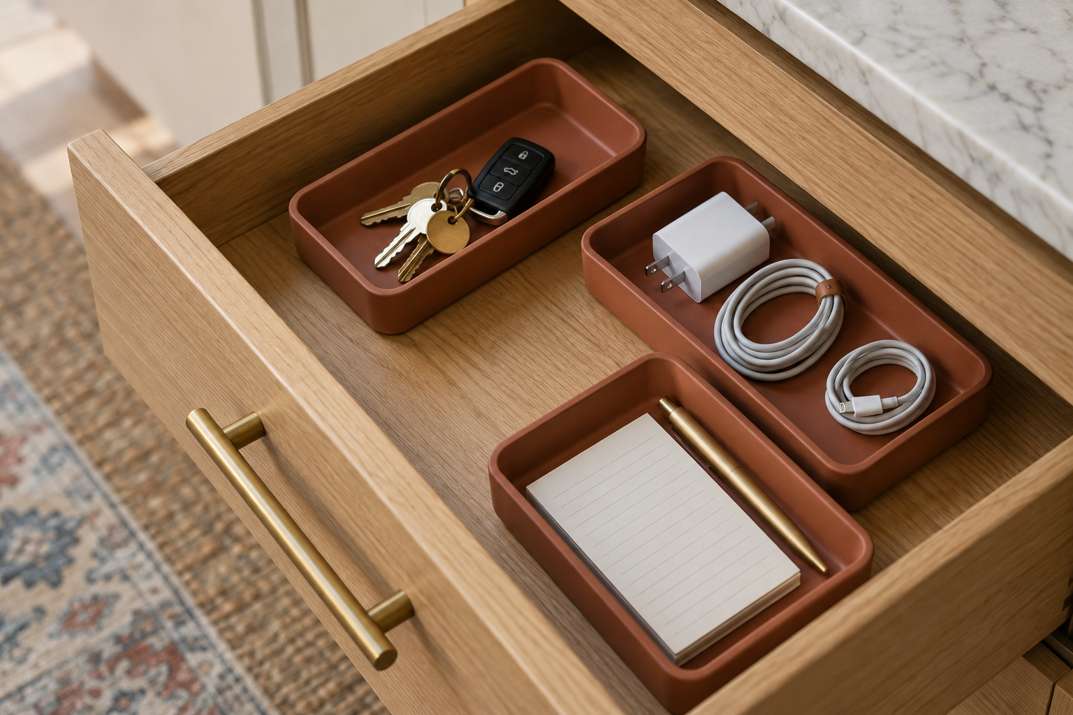 An open kitchen drawer fitted with terracotta trays, each holding one category of small everyday items.