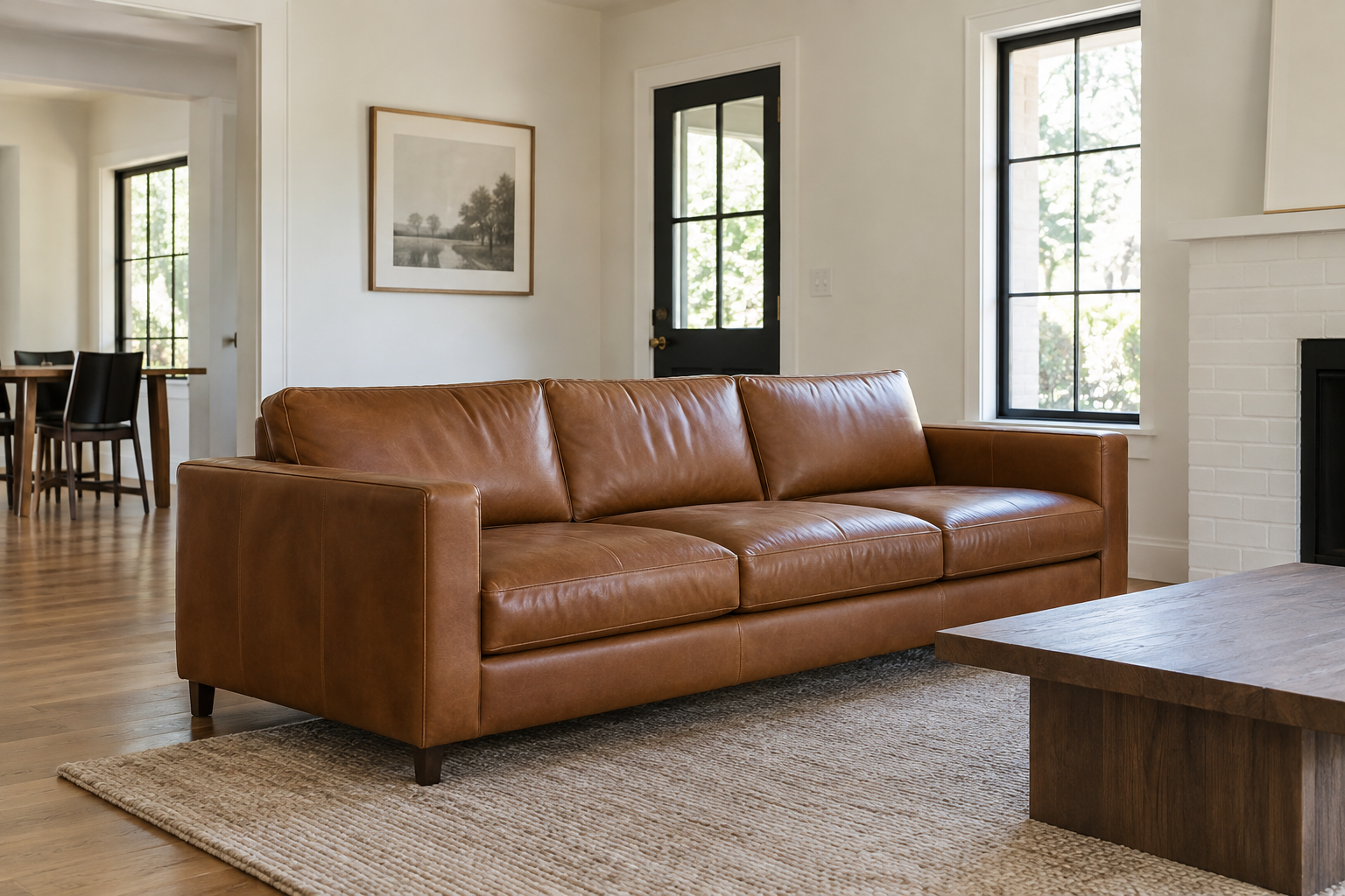 A cognac leather sofa in a genuinely lived-in living room setting.