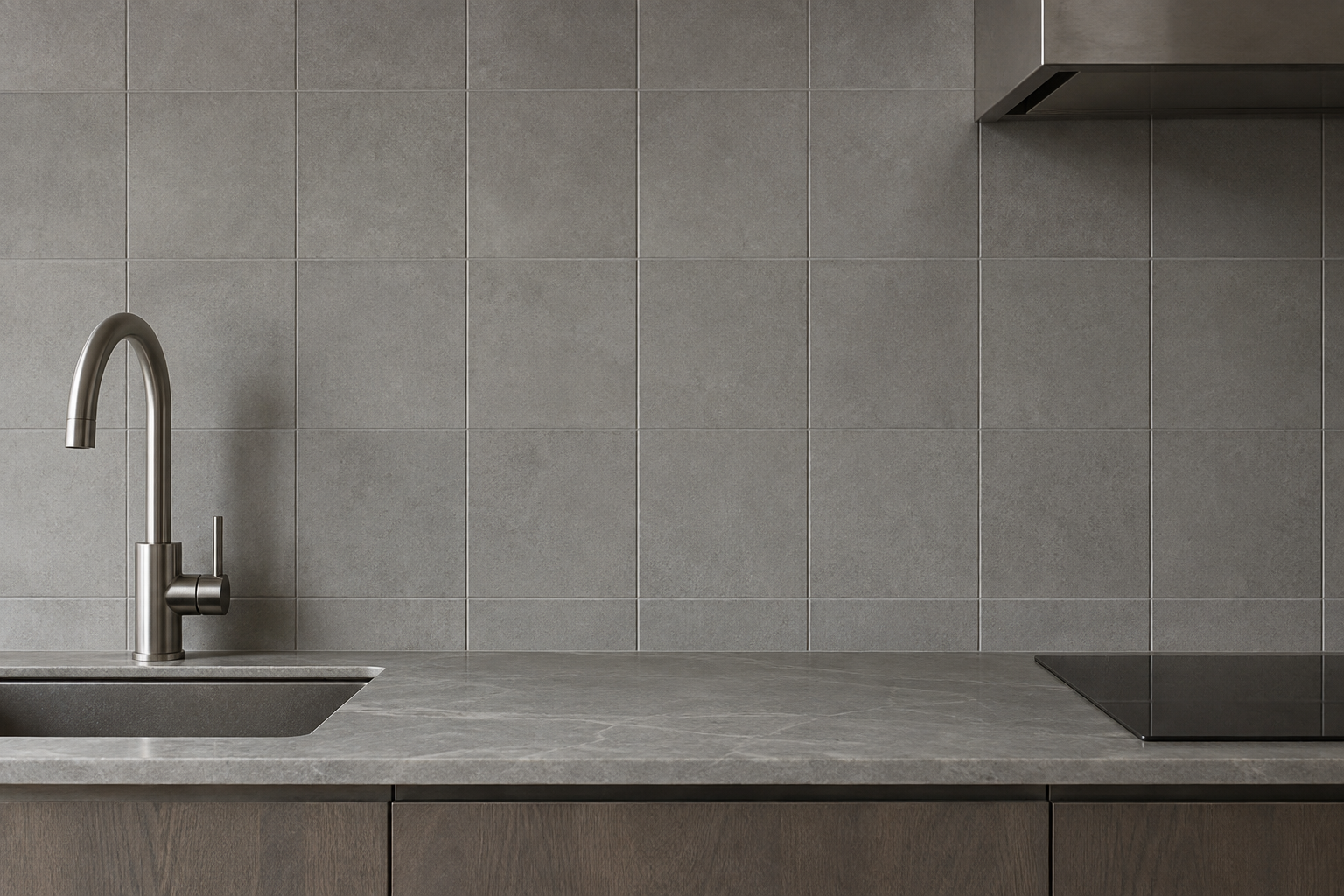 Mid-gray square tile with closely matched mid-gray grout, the grid nearly disappearing.