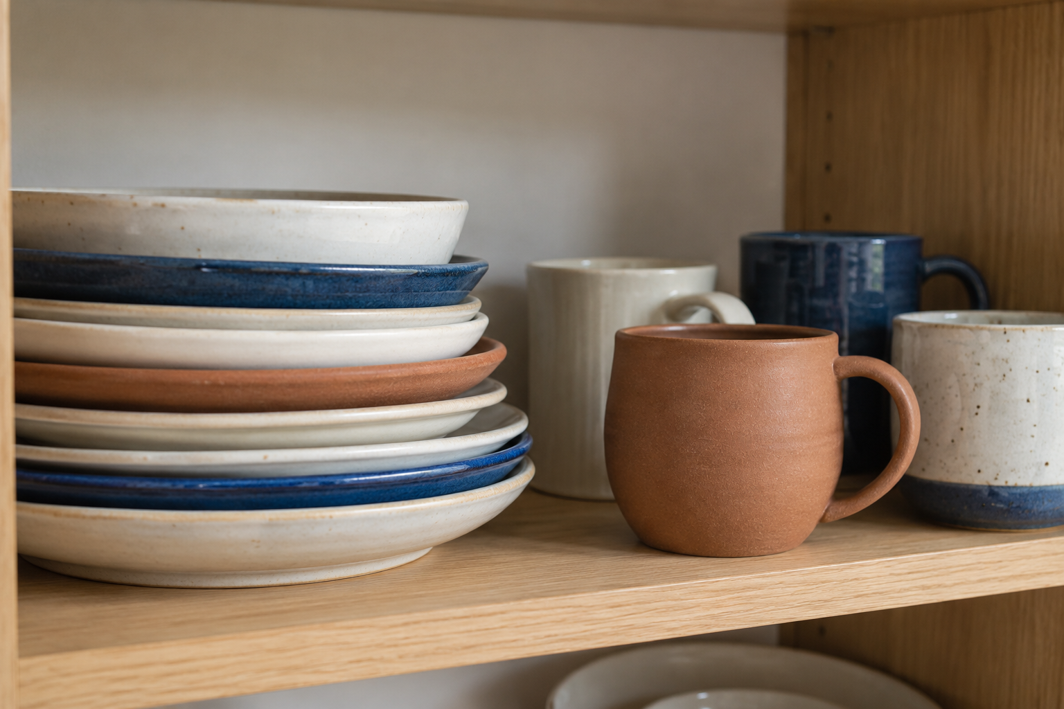 A close detail of a genuinely mismatched set of plates and mugs on pale oak open shelving.