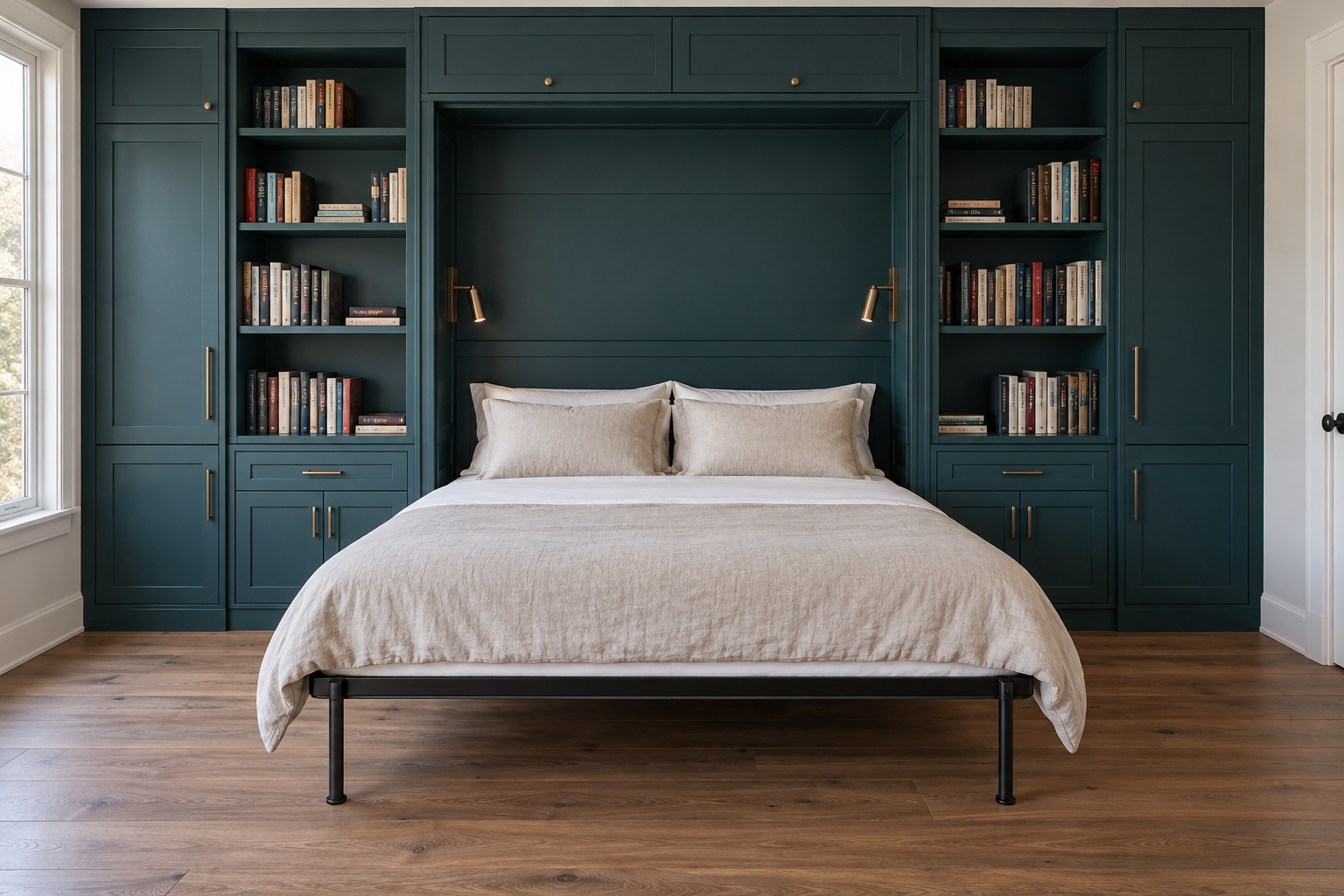 A queen Murphy bed lowered from a teal built-in wall and made up with white bedding.