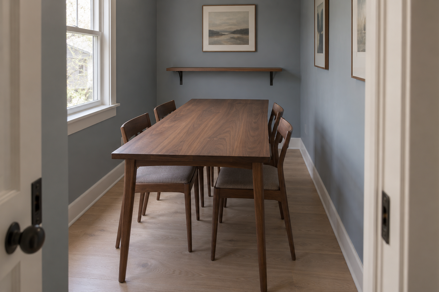 A genuinely narrow dining room with a slim walnut table and a walnut floating shelf on black brackets standing in for a full sideboard.