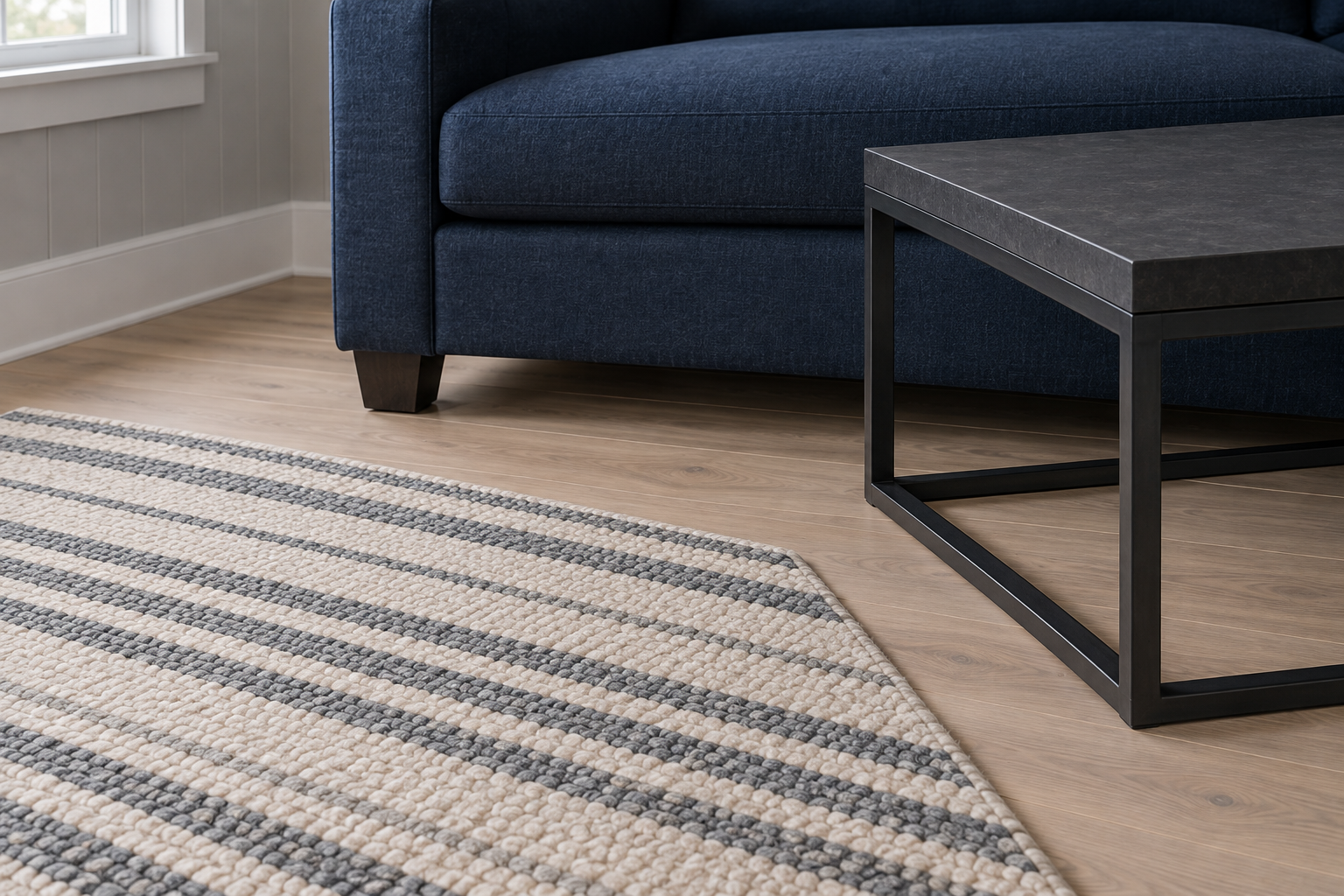 A close view of bare pale oak floor between a striped flatweave rug and a navy sofa, showing the rug positioned clear of the furniture on every side.