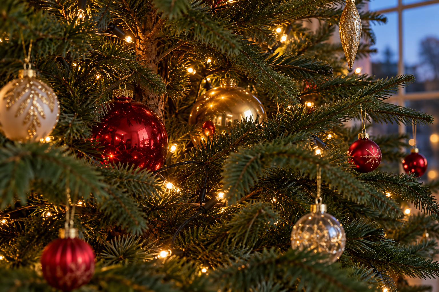 Close view into a Christmas tree with red and gold ornaments hung deep near the trunk and smaller ornaments at the branch tips.