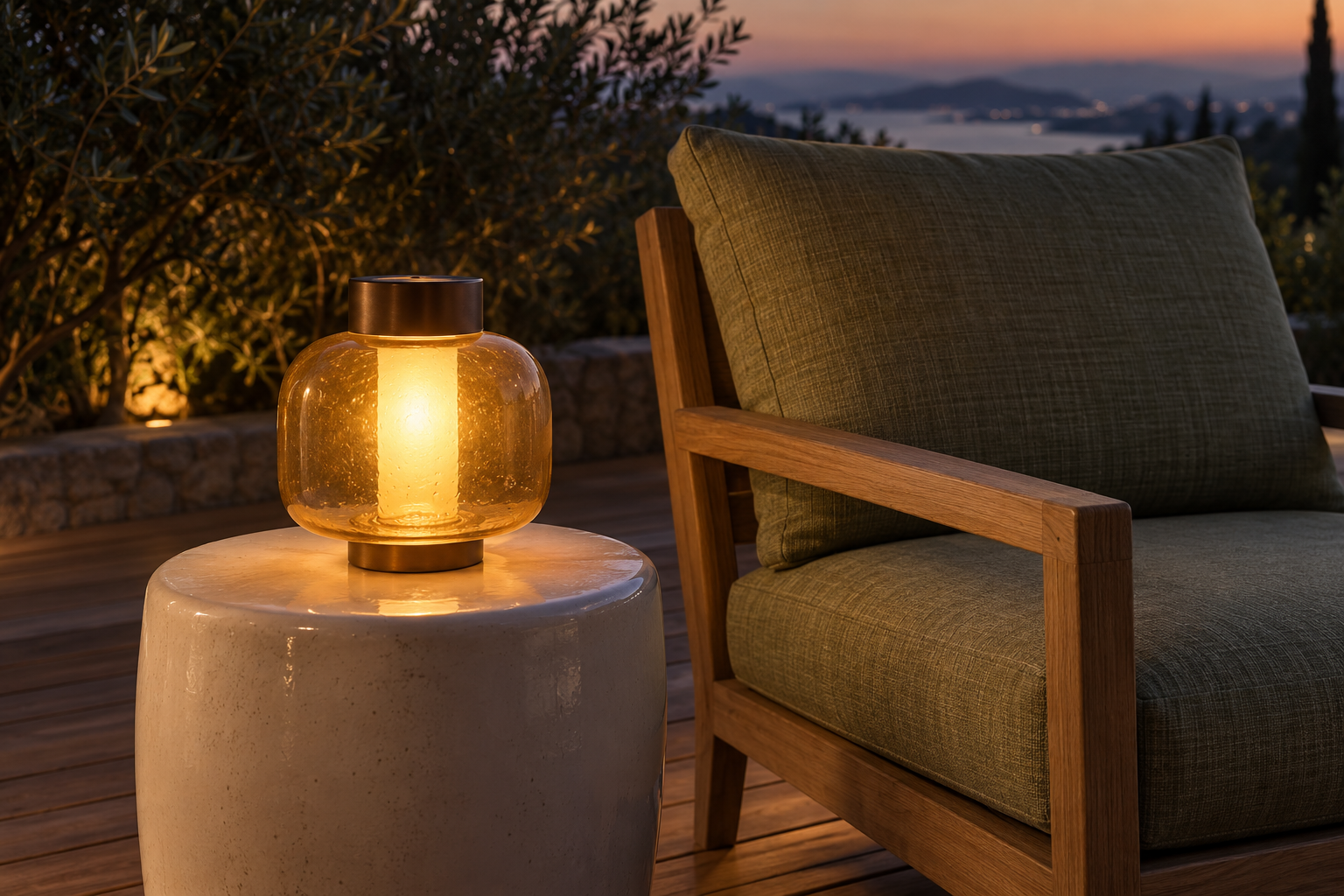 A cordless amber glass lamp glowing on a side table beside outdoor lounge seating at dusk