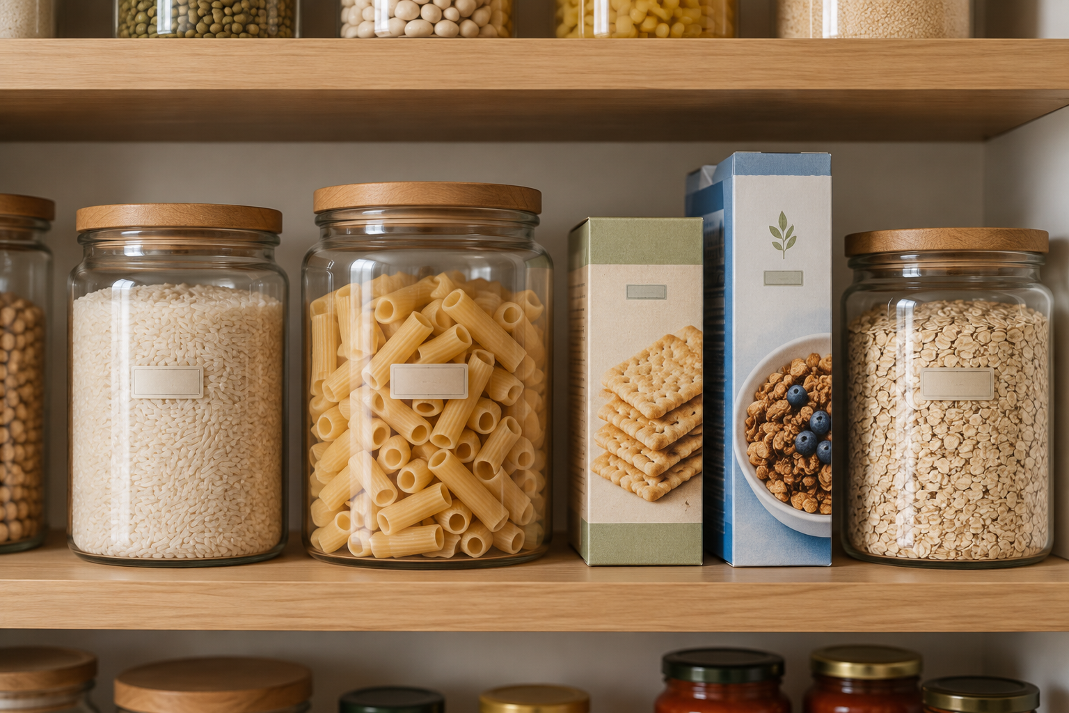 Rice and pasta in clear labeled containers next to boxed pantry goods left in their original packaging.
