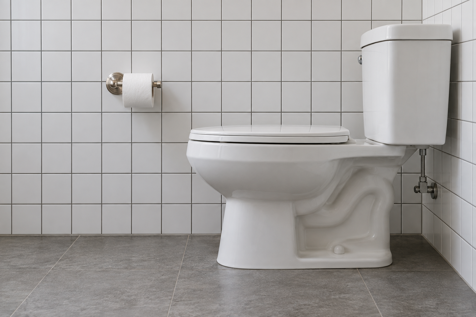 A side view of a toilet with a paper holder mounted about 26 inches up, slightly forward of the bowl's front edge.