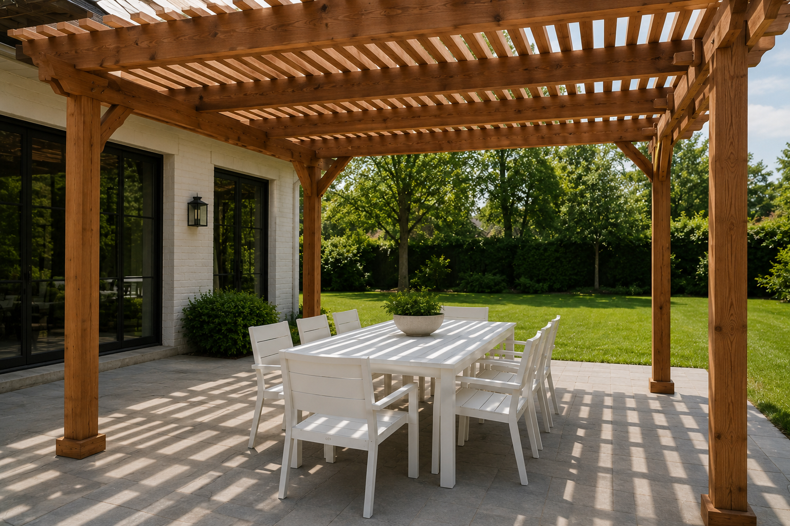 A cedar pergola with a slatted roof casting dappled shade over an outdoor dining set