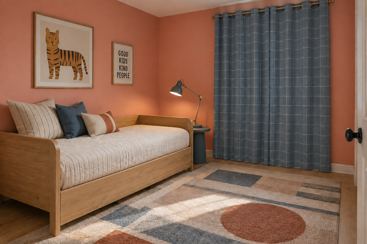 A child's bedroom with a dusty-blue windowpane-check patterned blackout curtain against a warm coral-pink wall, a low daybed with a rounded wood frame, a graphic geometric wool rug, and an articulated brass-jointed task lamp.