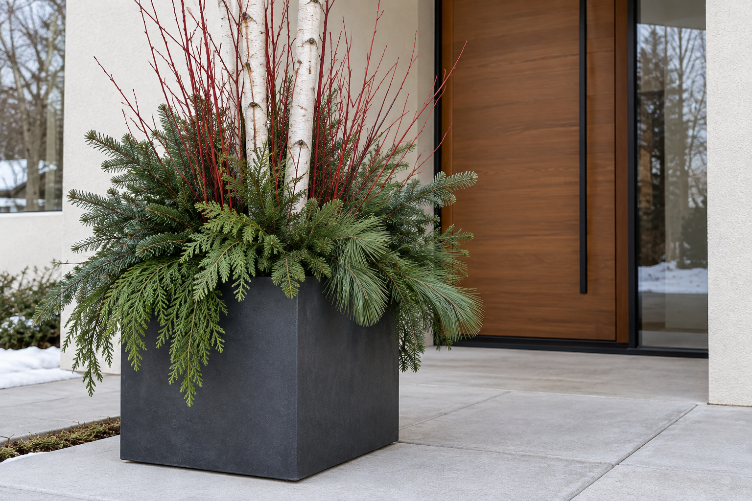 A charcoal planter filled with red dogwood stems, birch poles, and cut evergreens beside a teak front door.