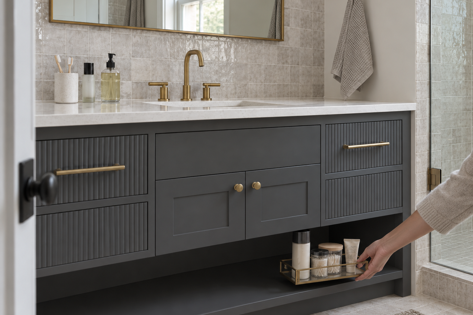 A small brass-trimmed caddy being returned to its shelf on a graphite bathroom vanity, the daily reset habit in motion.
