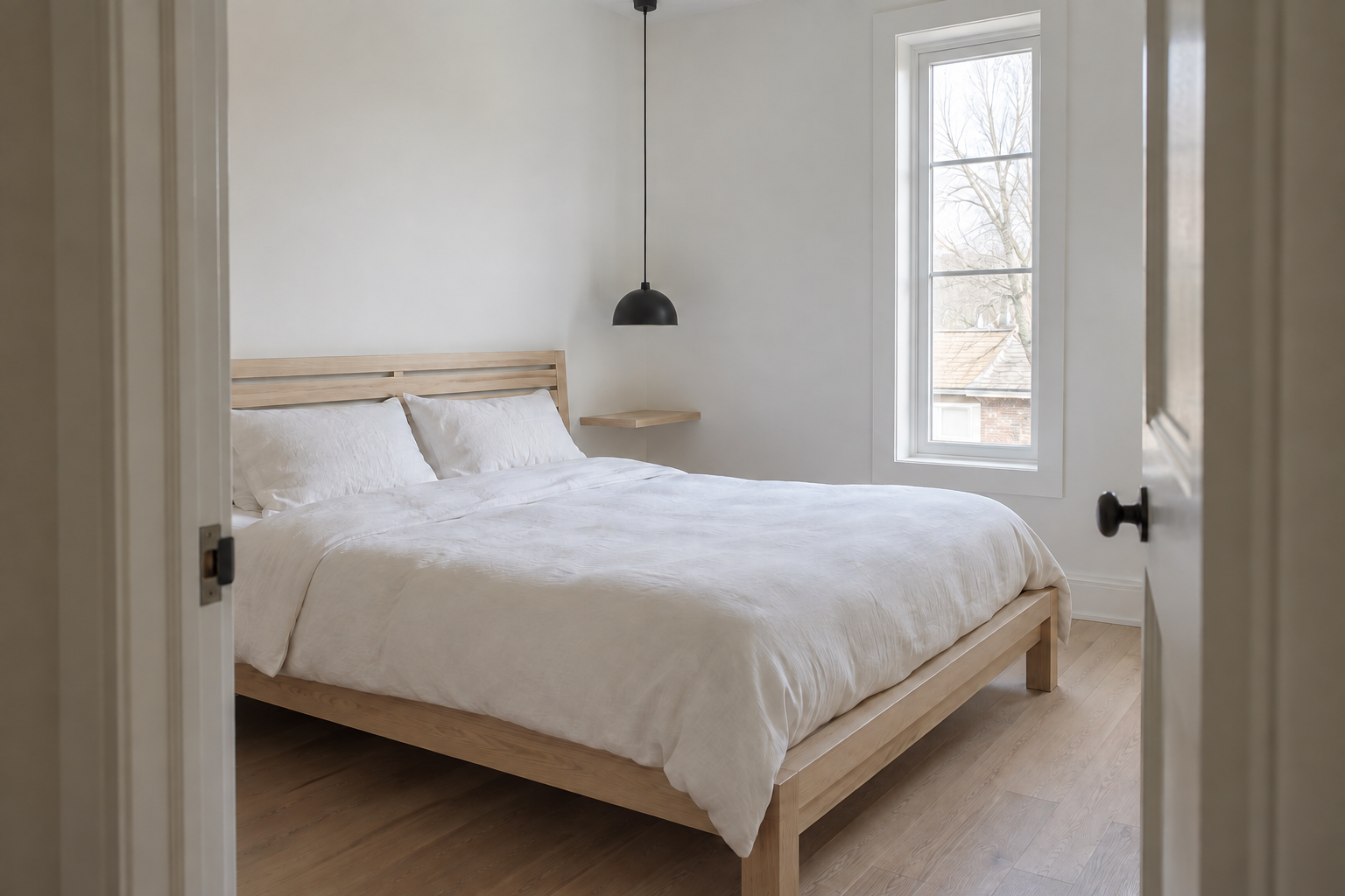 A pale ash-wood Scandinavian bedroom seen through an open doorway, with a sculptural black steel pendant hung bedside.
