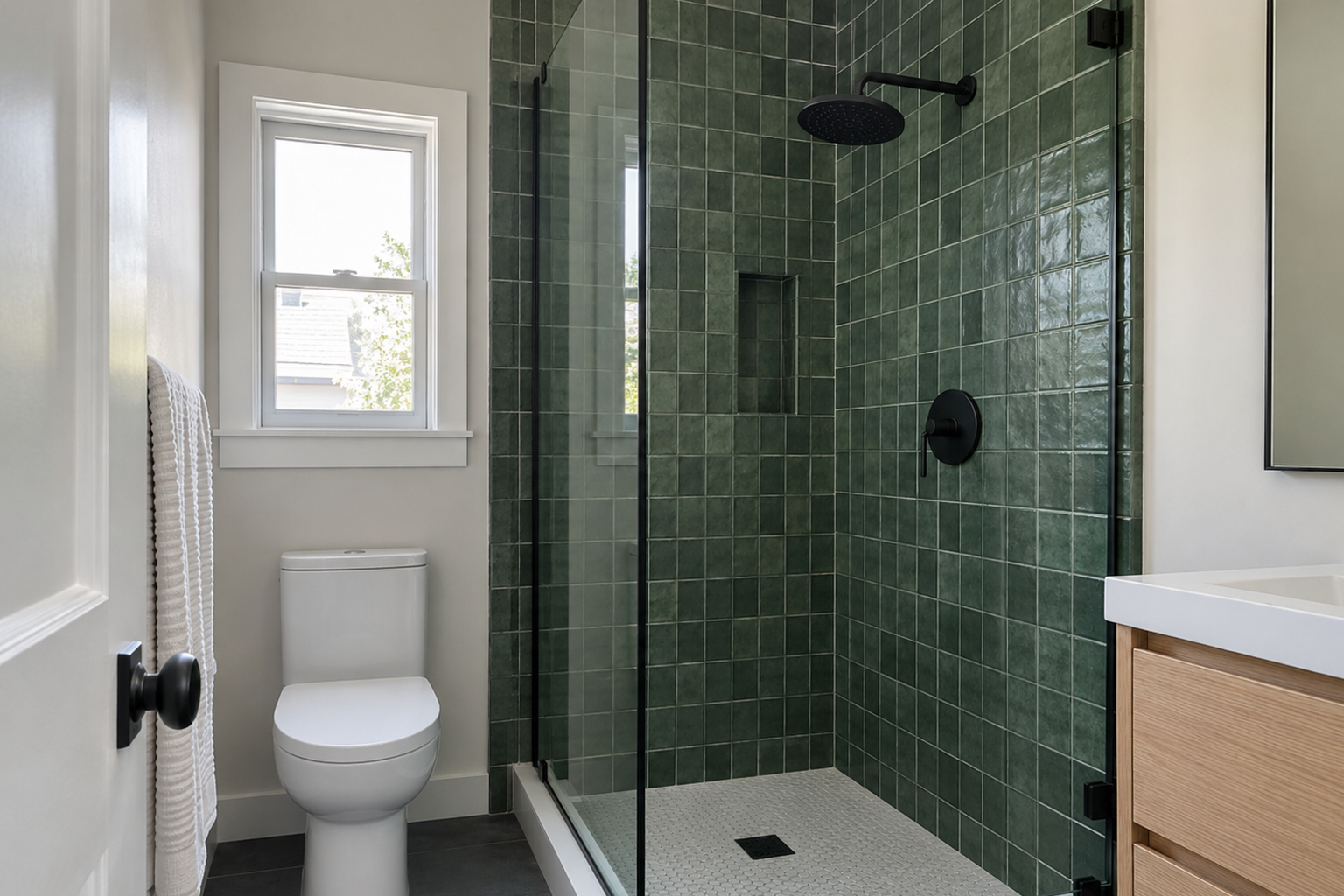 A genuinely small bathroom where a corner walk-in shower with deep-green tile makes better use of the space than a tub would.