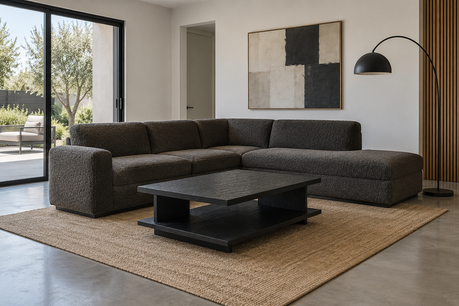 A charcoal modular sectional sofa anchoring a living room with polished concrete flooring.