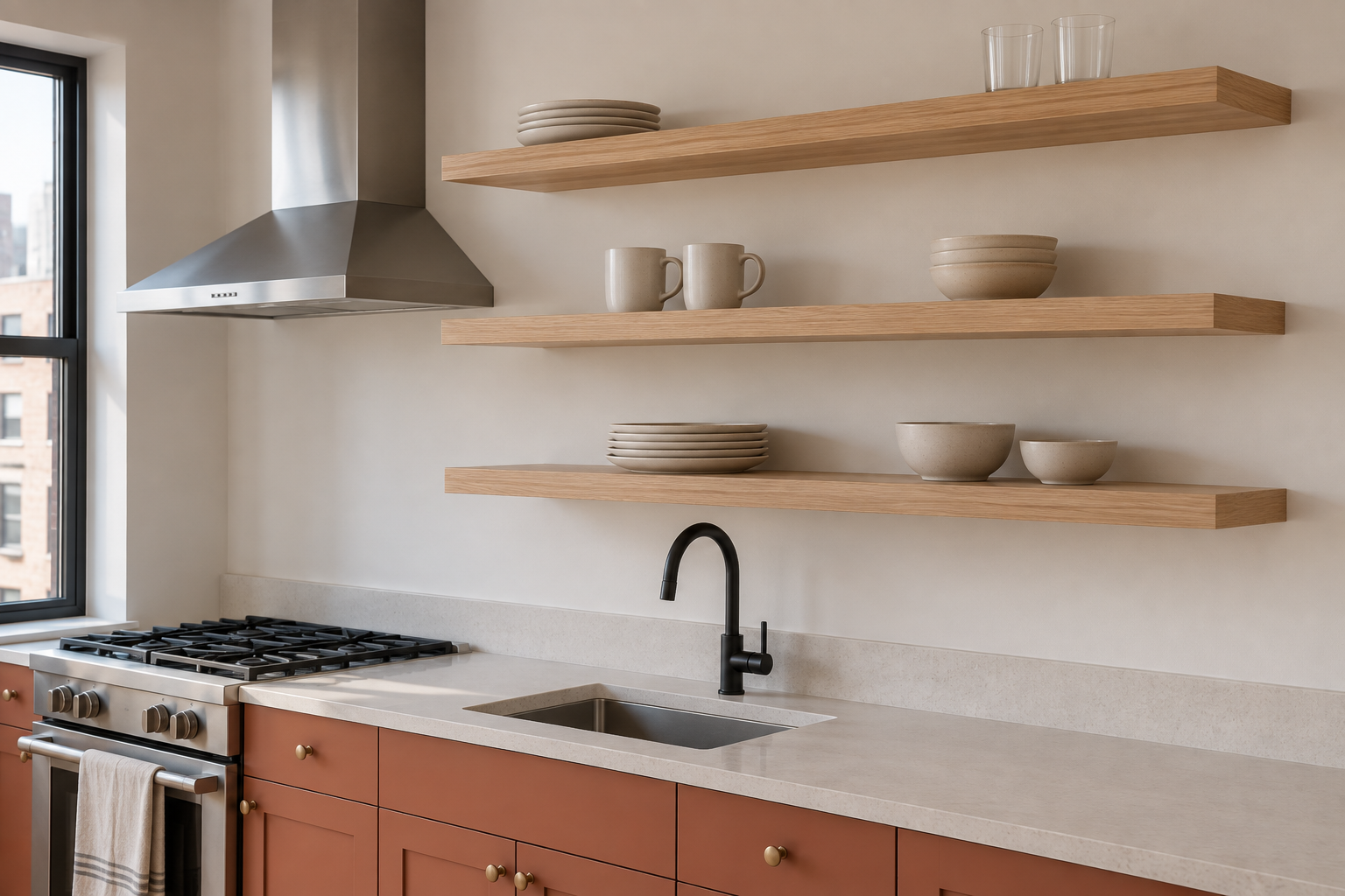 Open white oak shelving holding everyday dishes in a small kitchen.