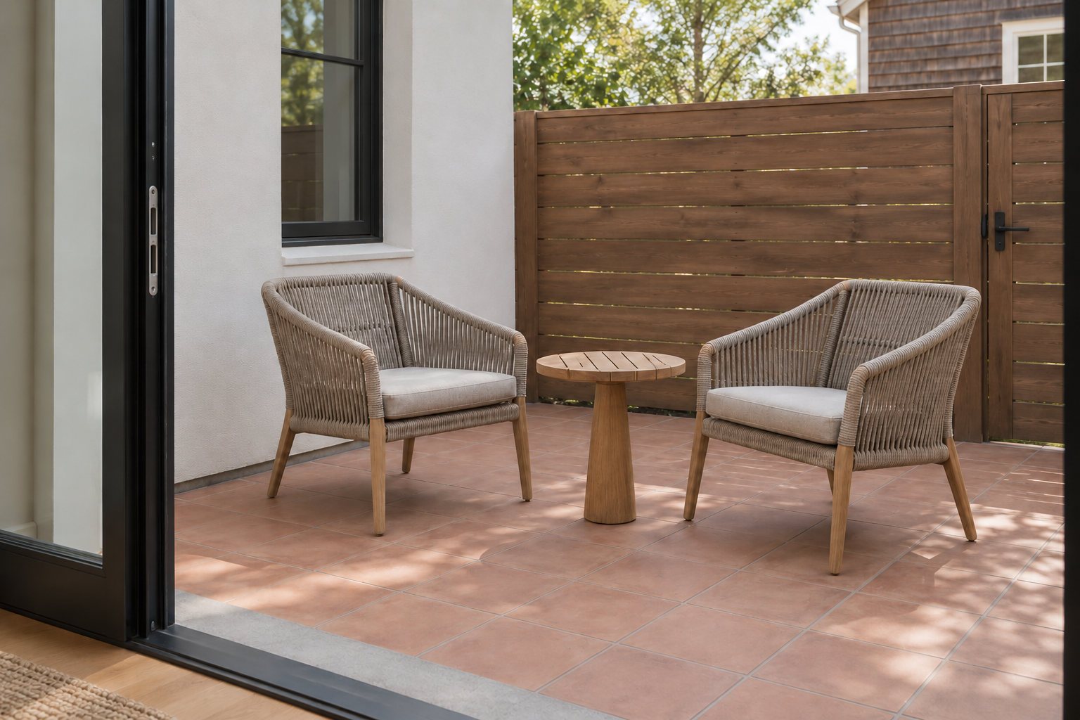 A compact two-chair lounge corner with a slatted teak side table, set off-center on a small patio.
