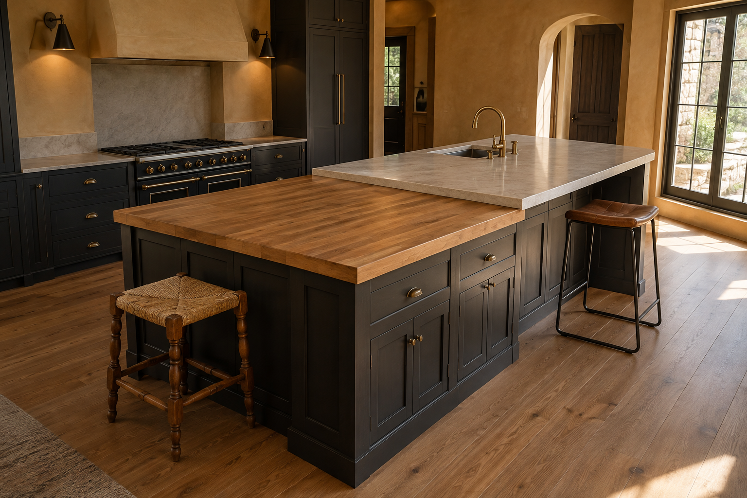 A kitchen island with two counter heights, a lower butcher-block prep section with a turned-leg rush-seat stool and a raised stone bar ledge with a taller black iron sled-base stool.
