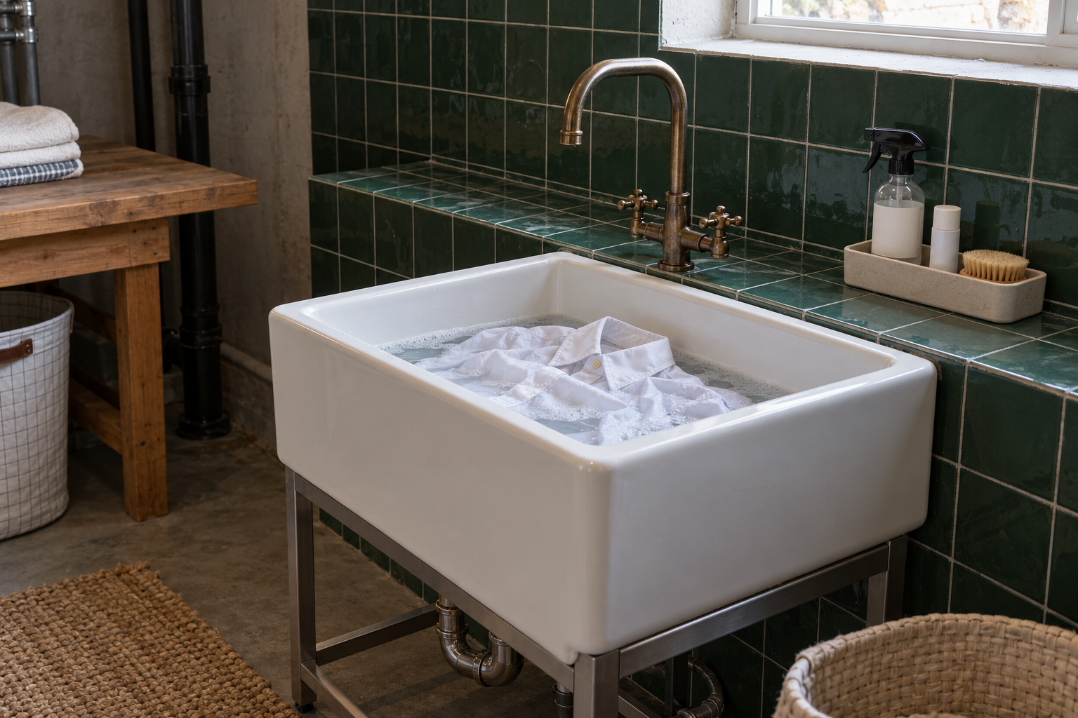 A white utility sink with a small stain kit on the green tiled ledge behind it.