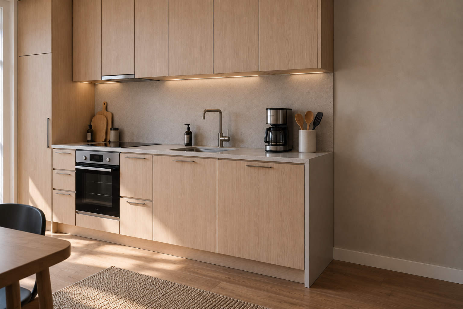 A narrow studio apartment kitchen with cookware contained within a clear visual boundary.