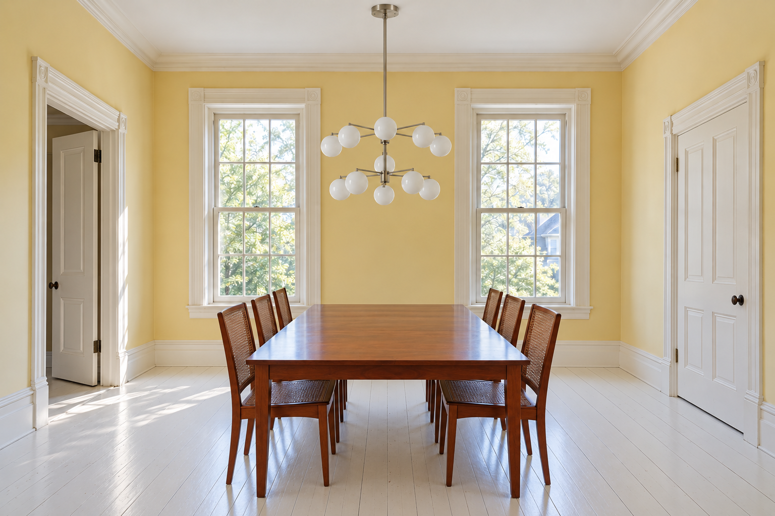 A two-tier nickel and opal glass chandelier on a long downrod over a cherry table in a dining room with an 11 foot ceiling.