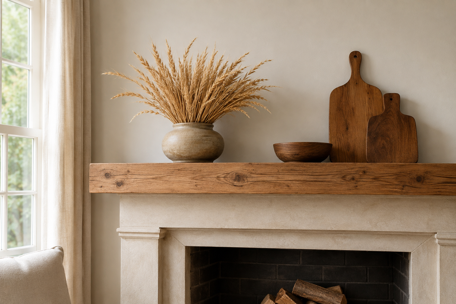 Thanksgiving mantel styled with dried wheat stems and warm wood accents in a living room
