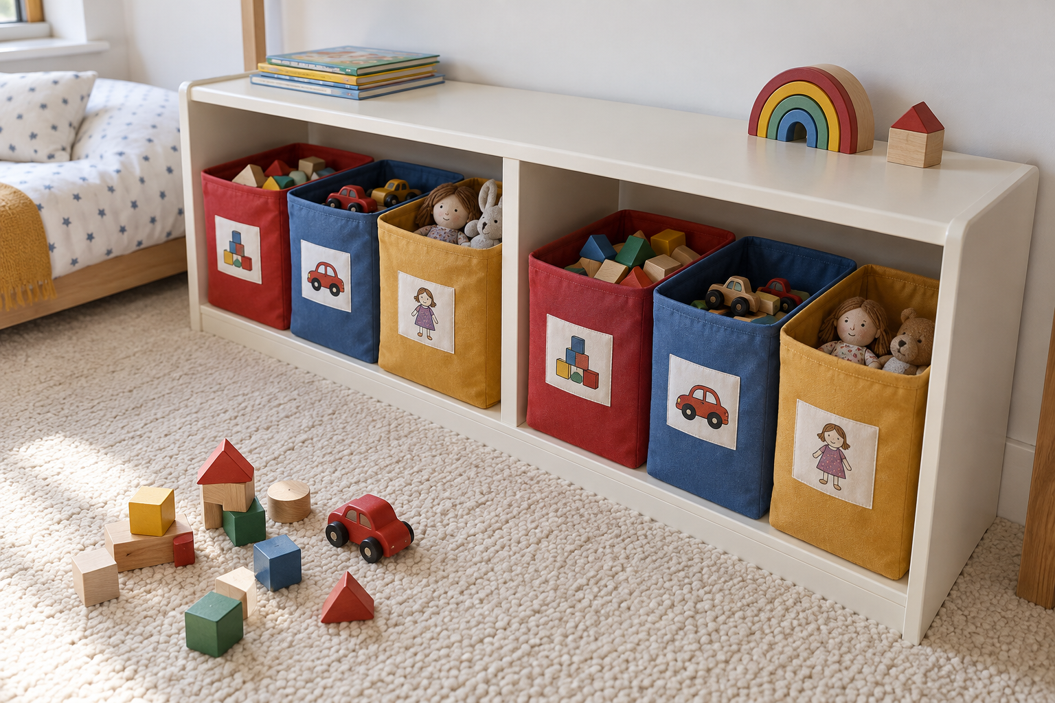 A low painted shelf holding lidless toy bins in red, blue, and ochre, each with a picture label.