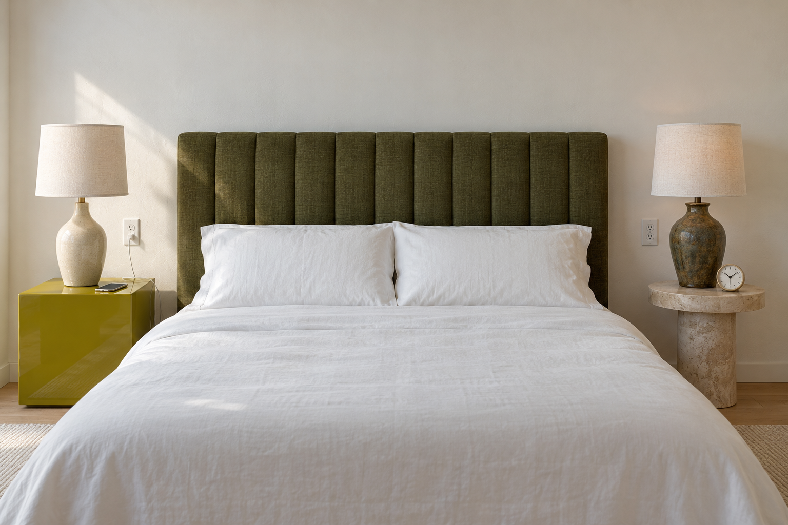 A bed with an olive headboard flanked by a chartreuse lacquered table and a stone pedestal table, each with a lamp and an outlet.