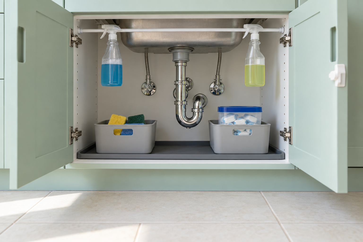 An open under-sink cabinet with bins on each side of the pipes and spray bottles hung from a rail.