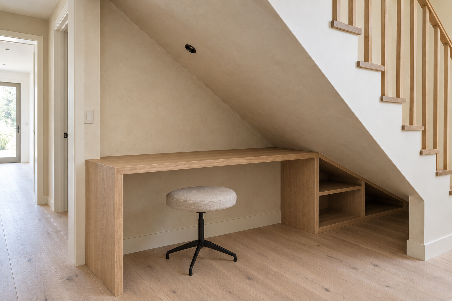 A built-in desk and shelving fitted under a staircase, following the sloped ceiling from standing height down to a low shelving end.