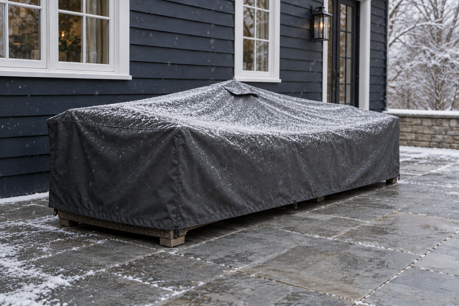 A patio sofa under a fitted charcoal cover with a raised center, a vent, and a hem that stops above the paving.