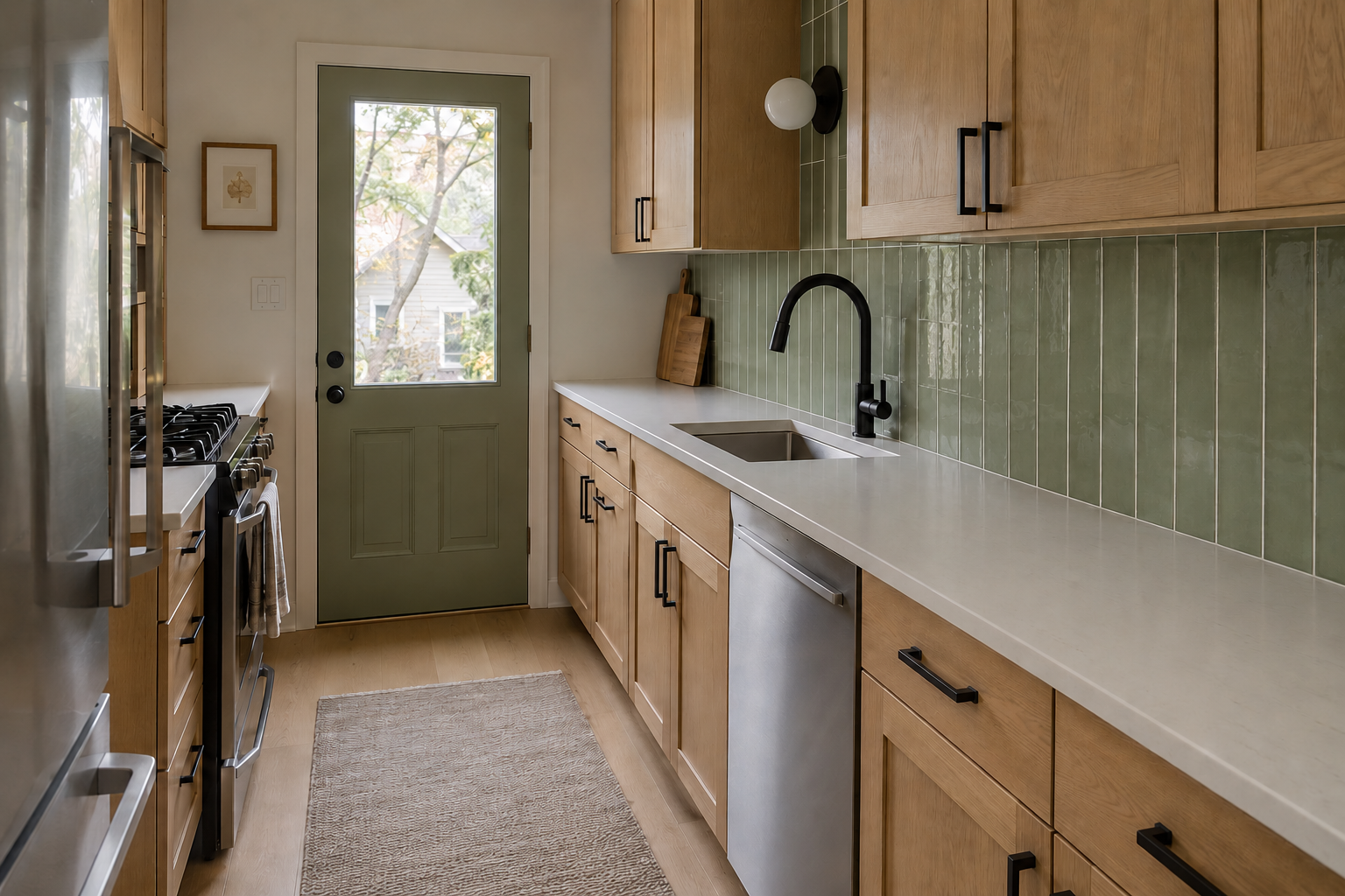 Sage green subway tile stacked in straight vertical joints in a narrow galley kitchen with white oak cabinetry and black hardware.