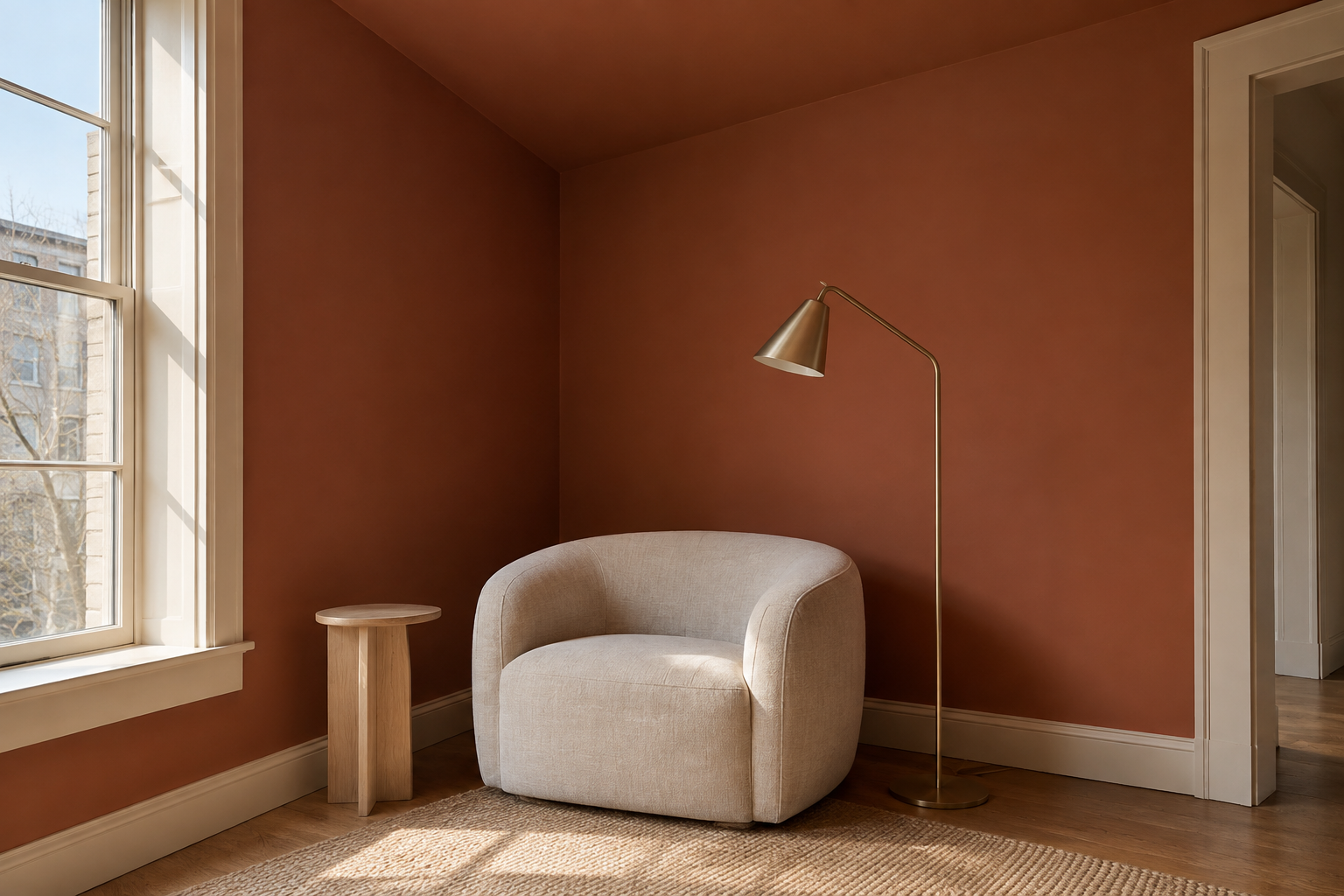 A living room reading corner with a deep terracotta wall and ceiling painted the same continuous color.