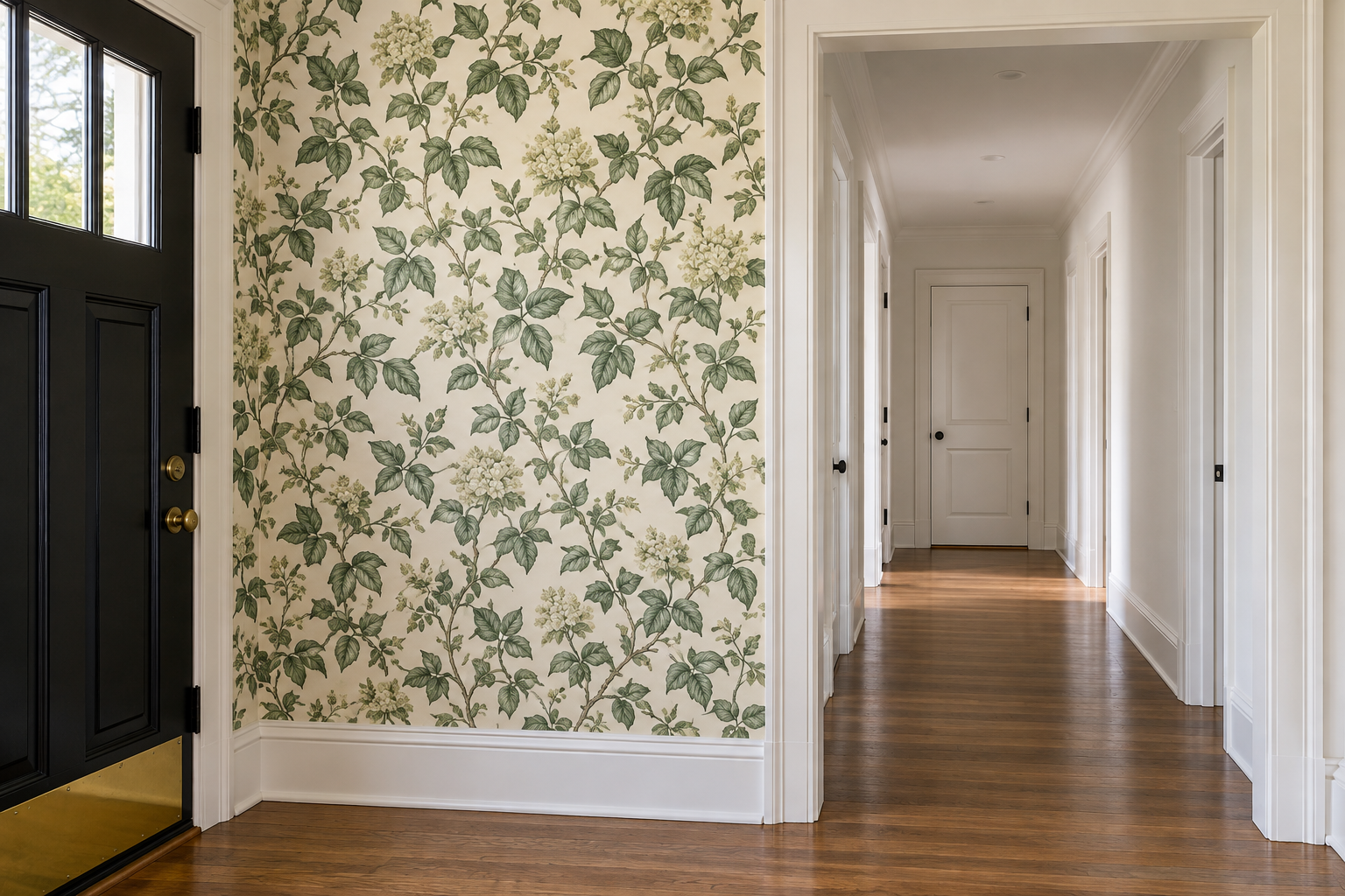 Botanical wallpaper covering only the entry zone, stopping cleanly where the plain hallway begins.