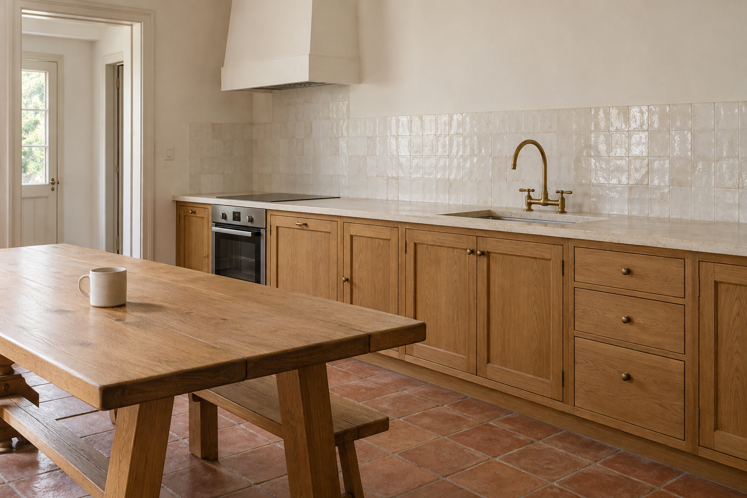 A white kitchen wall above a white zellige backsplash, limestone counter, and oak cabinets.