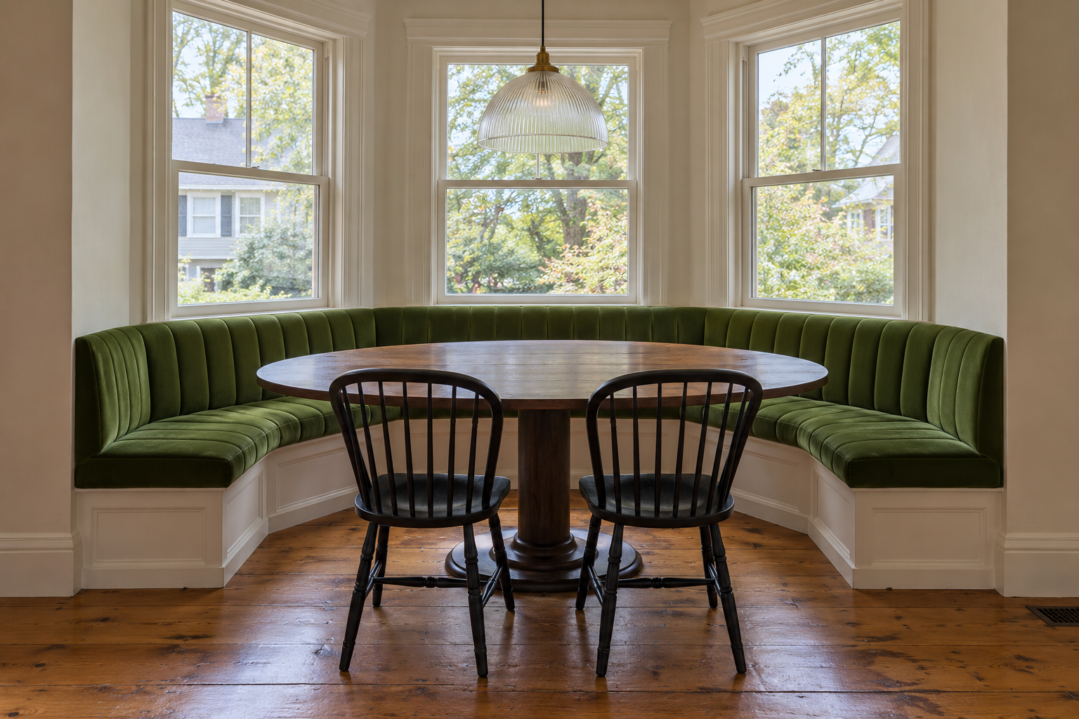A green velvet banquette built into a three-sided window bay, with an oval pedestal table and two black Windsor chairs.