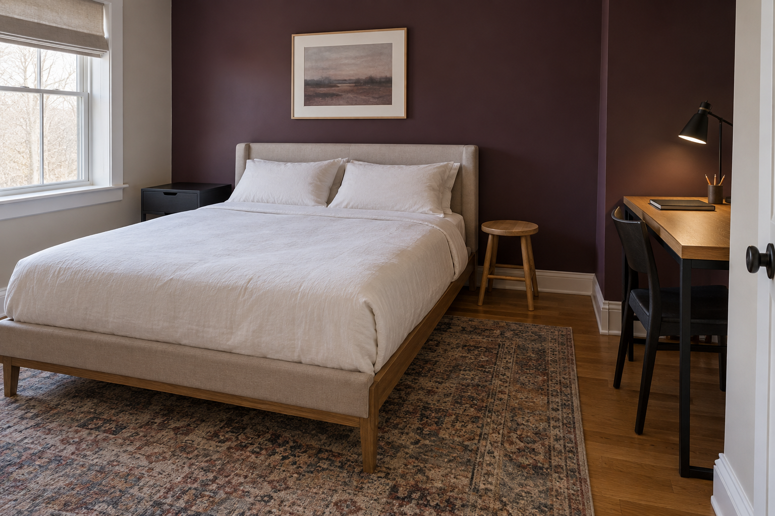 Both sides of a shared bedroom showing a modern cube nightstand on one side and a small wood stool standing in for a nightstand on the other, tighter side.
